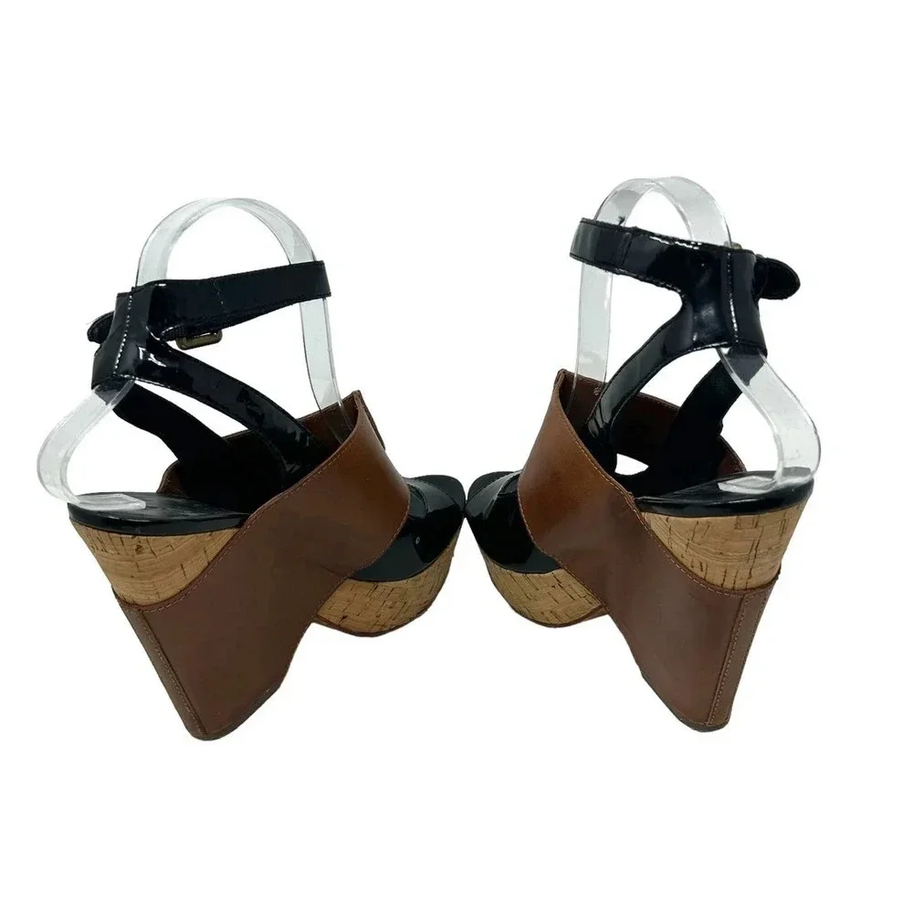 ASH Roma Platform Wedge Heel Sandals Black‎ Patent Cognac Leather Size 38 US 7